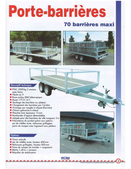 Remorque Porte Barrière x70